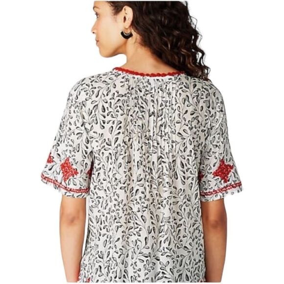 J. Jill XL White Black Red Floral Embroidered Short Sleeve Tasseled Blouse - Picture 3 of 10